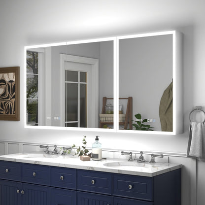 Rim 60" x 30" LED lighted medicine cabinet with mirrors and clock above a double sink vanity.