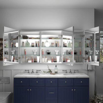 Rim 60" x 30" LED lighted medicine cabinet with mirrors, recessed or surface mount, featuring clock and adjustable lighting.