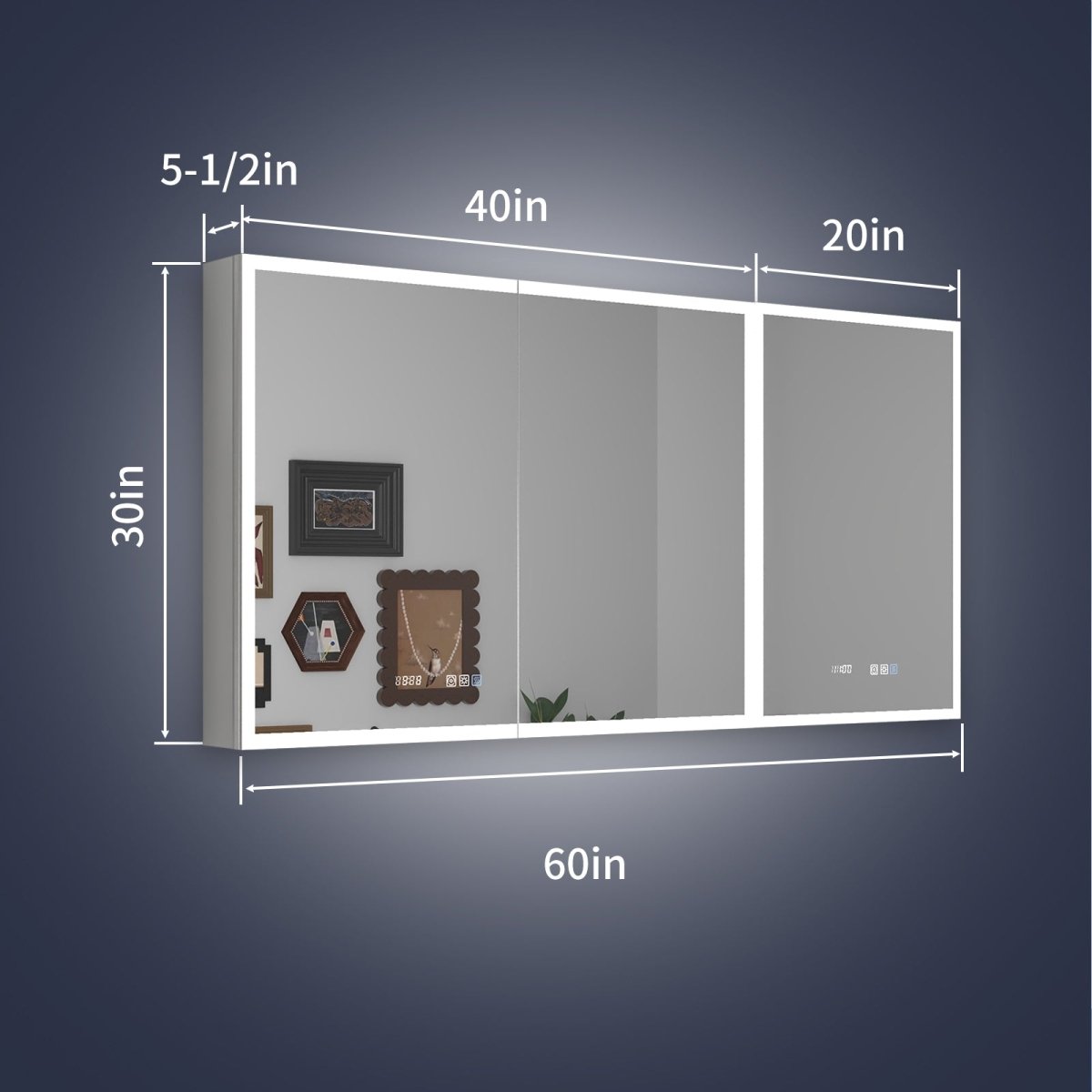 Rim 60" x 30" LED lighted medicine cabinet with mirrors and clock, recessed or surface mount, digital clock and temperature display.