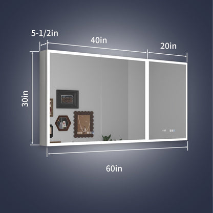 Rim 60" x 30" LED lighted medicine cabinet with mirrors and clock, recessed or surface mount, digital clock and temperature display.