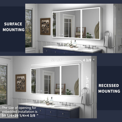Rim 60" x 30" LED lighted medicine cabinet with mirrors and clock, recessed or surface mount options.