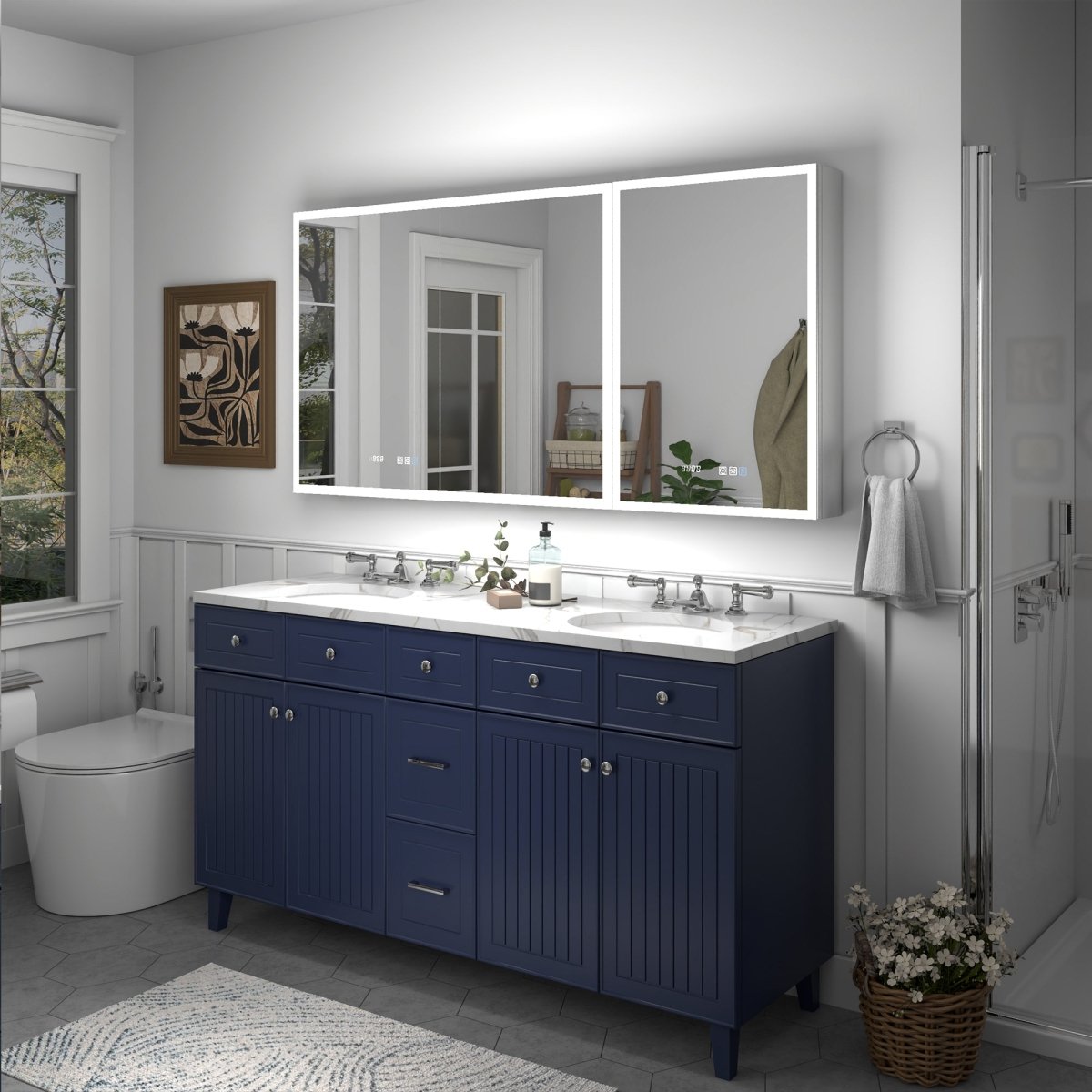 Rim 60" x 30" LED lighted medicine cabinet with mirrors and clock, installed over bathroom vanity, showing sleek design and adjustable lighting features.