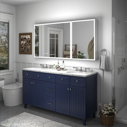 Rim 60" x 30" LED lighted medicine cabinet with mirrors and clock, installed over bathroom vanity, showing sleek design and adjustable lighting features.