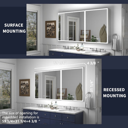 Rim 60" W x 32" H Lighted Medicine Cabinet Recessed or Surface led Medicine Cabinet with Outlets & USBs
