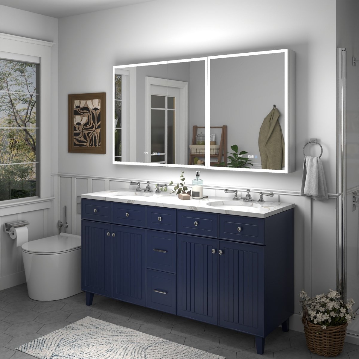 Rim 60" W x 32" H Lighted Medicine Cabinet Recessed or Surface led Medicine Cabinet with Outlets & USBs