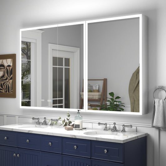 Rim 60" x 36" LED lighted medicine cabinet with mirrors and clock above dual sinks in modern bathroom.