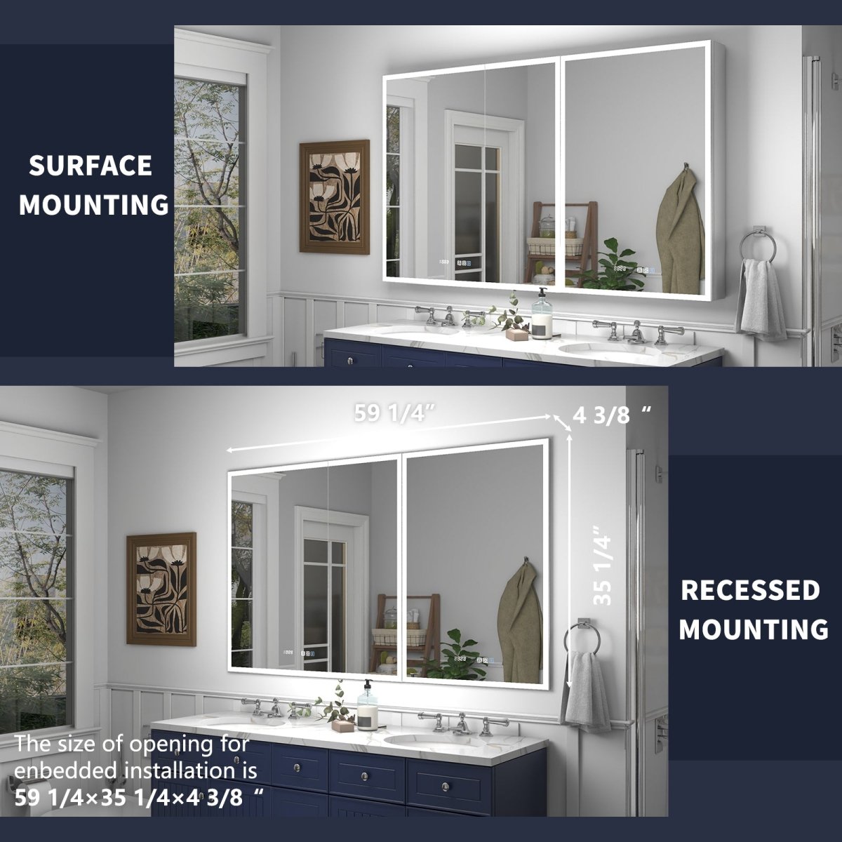 Rim 60" x 36" LED lighted medicine cabinet with mirrors, clock, and dual mounting options in modern bathroom.