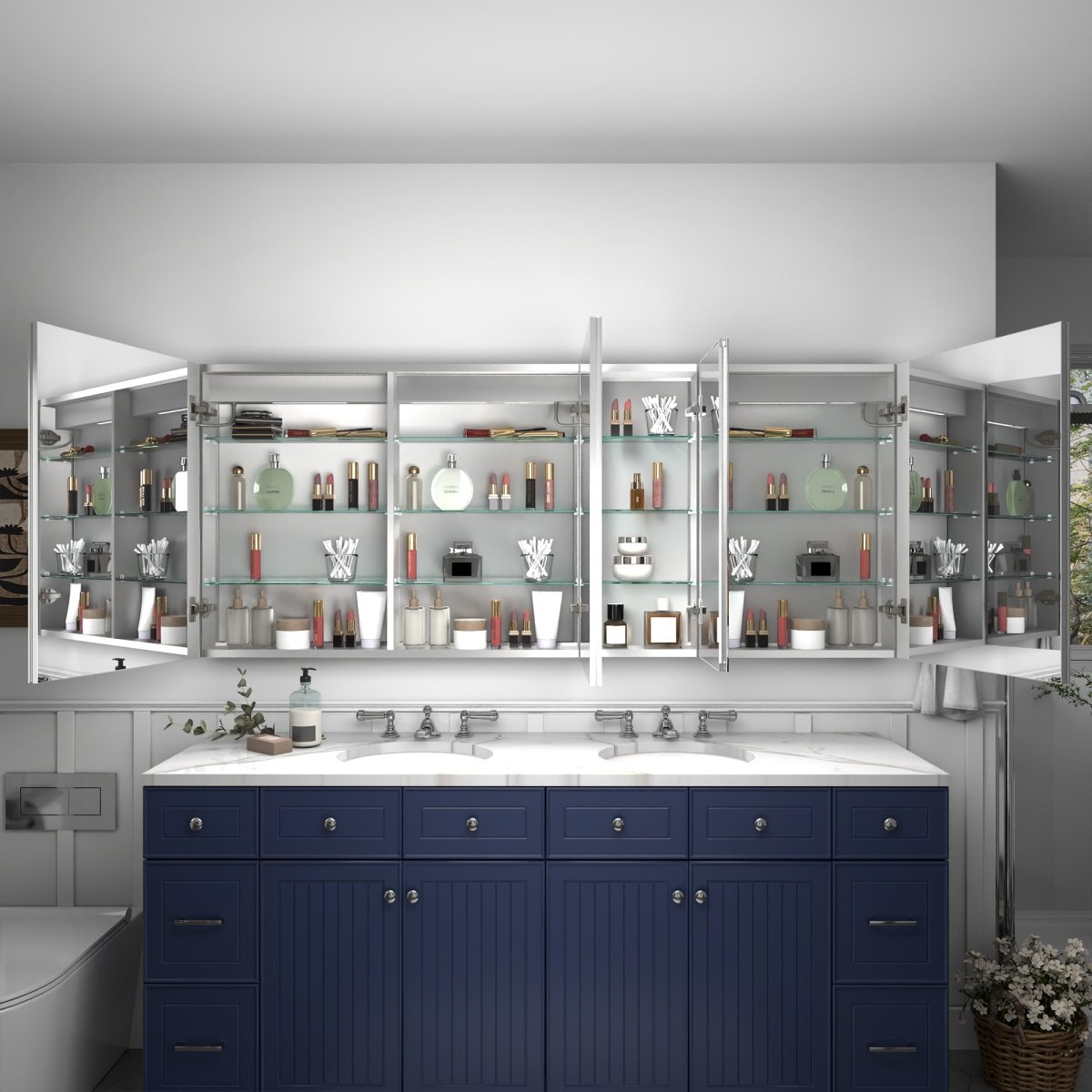 LED lighted medicine cabinet with mirrors, recessed or surface mount, featuring adjustable shelves, interior lighting, and digital display.