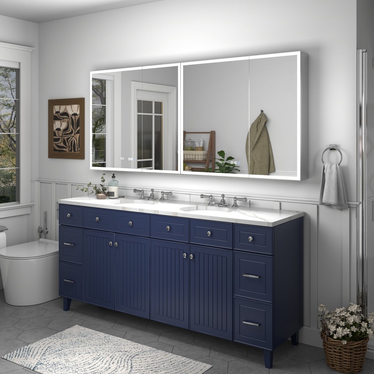 Rim 72" W x 32" H Lighted Medicine Cabinet Recessed or Surface led Medicine Cabinet with Outlets & USBs