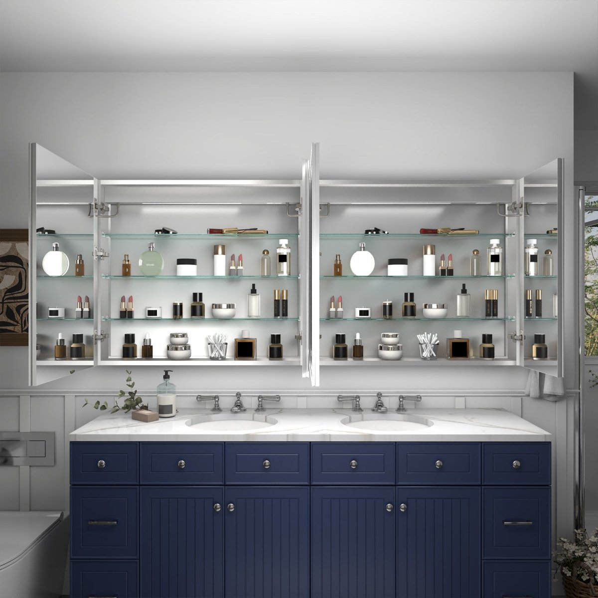 Rim 72" W x 32" H Lighted Medicine Cabinet Recessed or Surface led Medicine Cabinet with Outlets & USBs