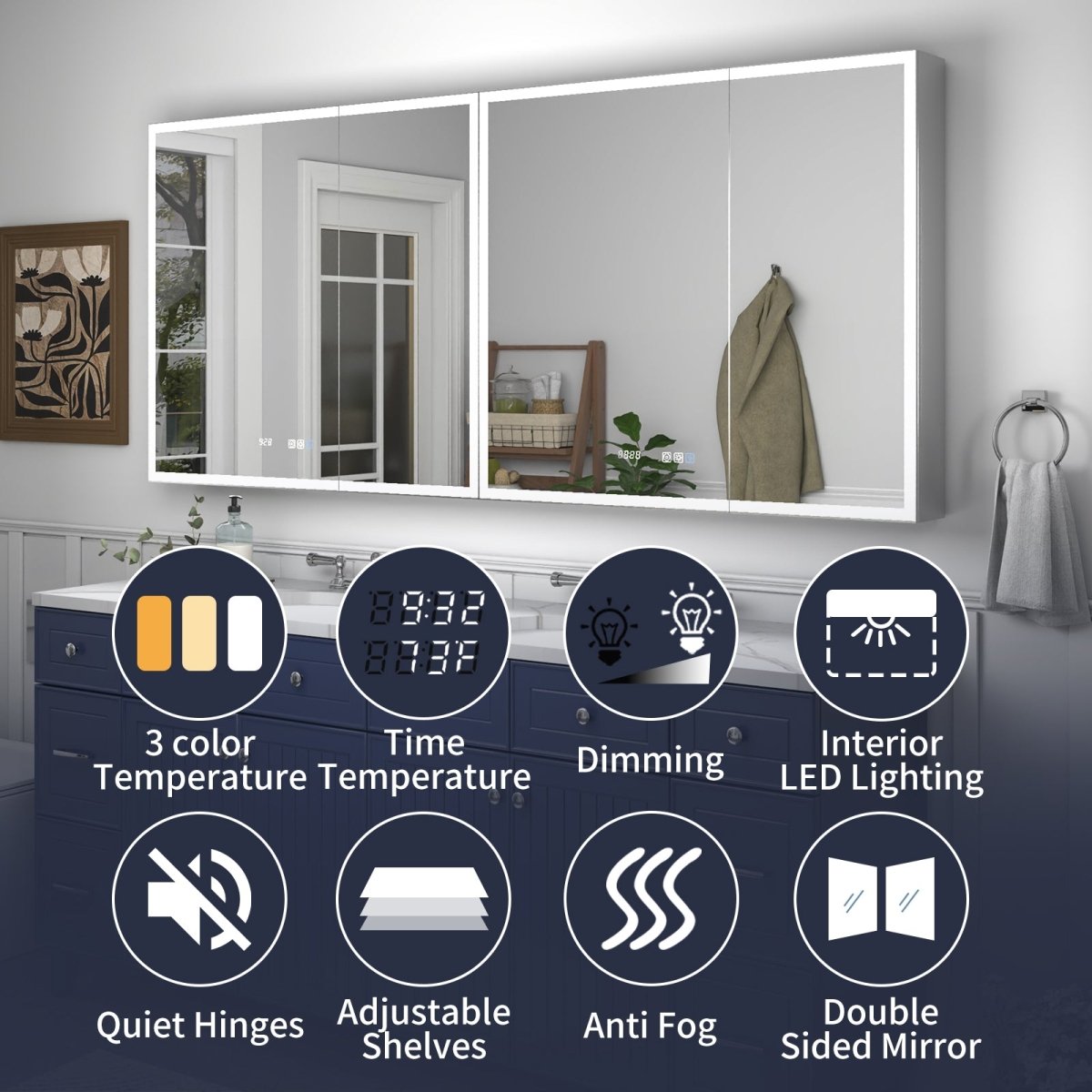 Rim 72" W x 32" H Lighted Medicine Cabinet Recessed or Surface led Medicine Cabinet with Outlets & USBs