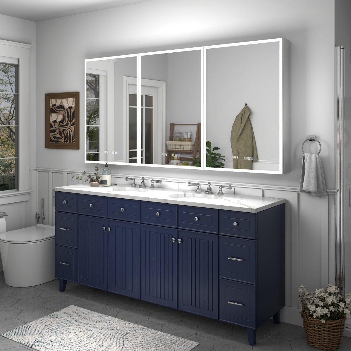 Rim 72" x 36" LED lighted medicine cabinet with mirrors above double sink vanity in modern bathroom setting.