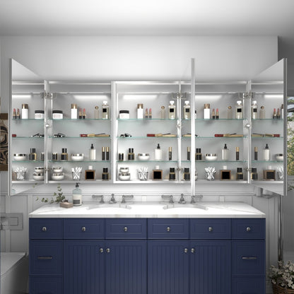 Rim 72" W x 36" H LED lighted medicine cabinet with mirrors, wall-mounted or recessed, featuring adjustable lighting and storage shelves.