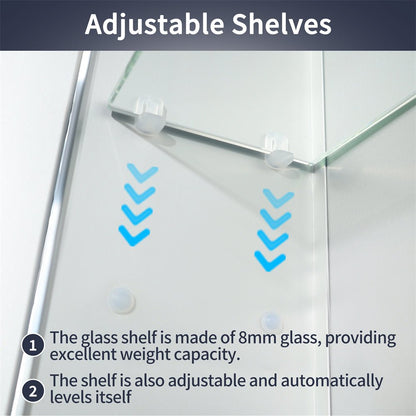 Adjustable glass shelves with excellent weight capacity in LED lighted medicine cabinet.