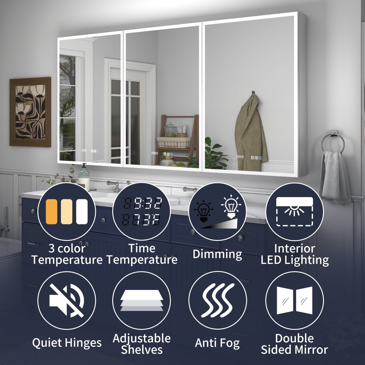 Rim 72" W x 36" H LED lighted medicine cabinet with mirrors, featuring adjustable shelves, quiet hinges, anti-fog, and interior LED lighting, recessed or surface installation.