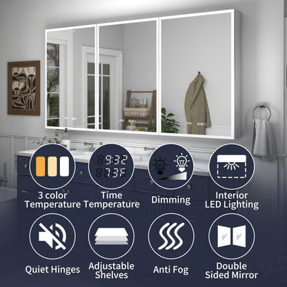 Rim 72" W x 36" H LED lighted medicine cabinet with mirrors, featuring adjustable shelves, quiet hinges, anti-fog, and interior LED lighting, recessed or surface installation.