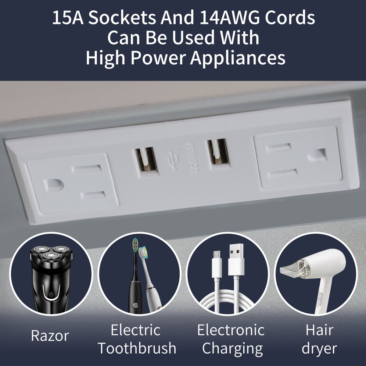 15A sockets and 14AWG cords on LED lighted medicine cabinet for high-power appliances use.