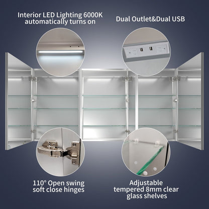 Rim 72" W x 36" H LED lighted medicine cabinet with mirrors, featuring dual outlets, USB ports, interior LED lighting, and adjustable glass shelves.