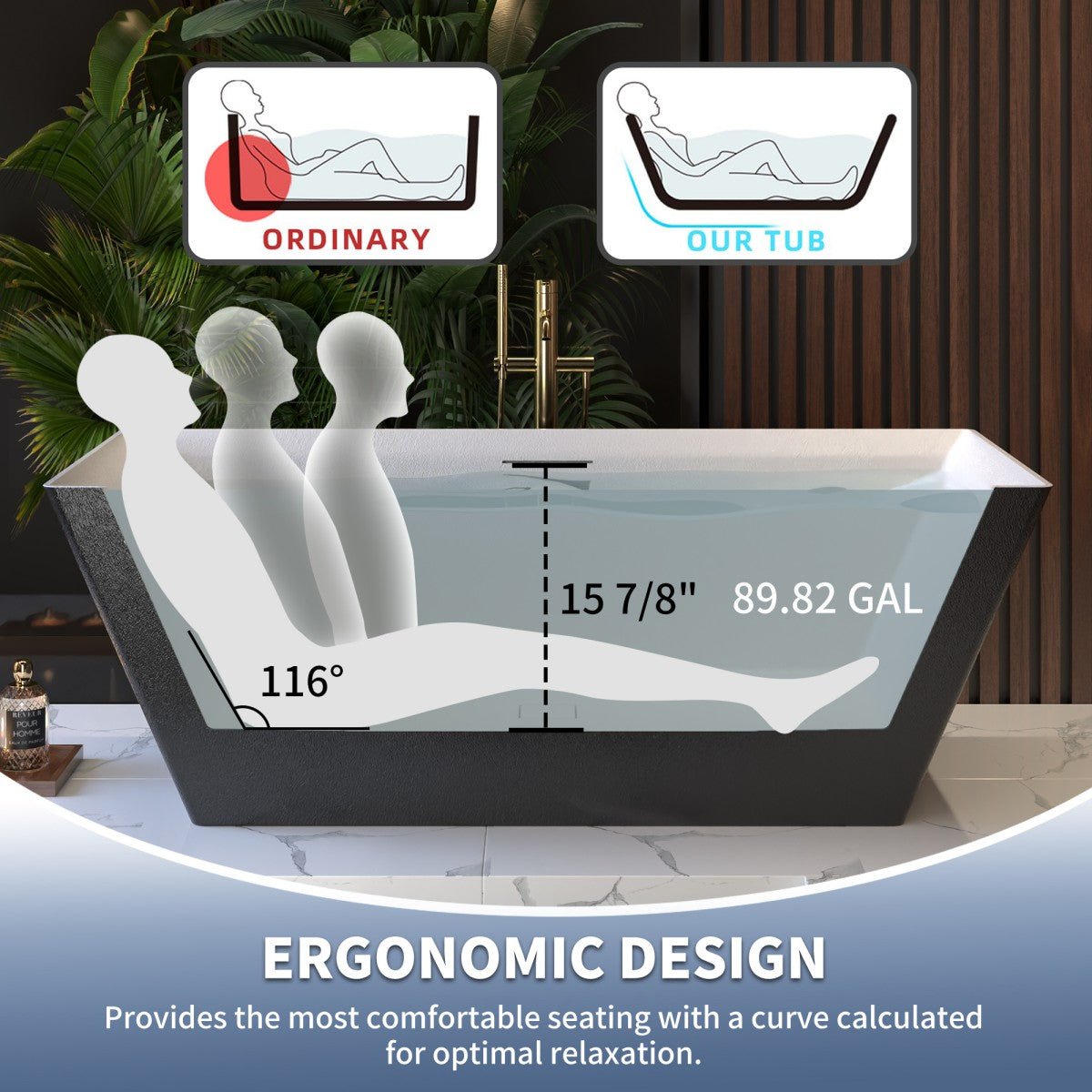 RockR 67" Freeing Soaking Bathtub,Rock Texture New technologies,Classic Rectangle Freestanding tub,Black,cUPC Certified