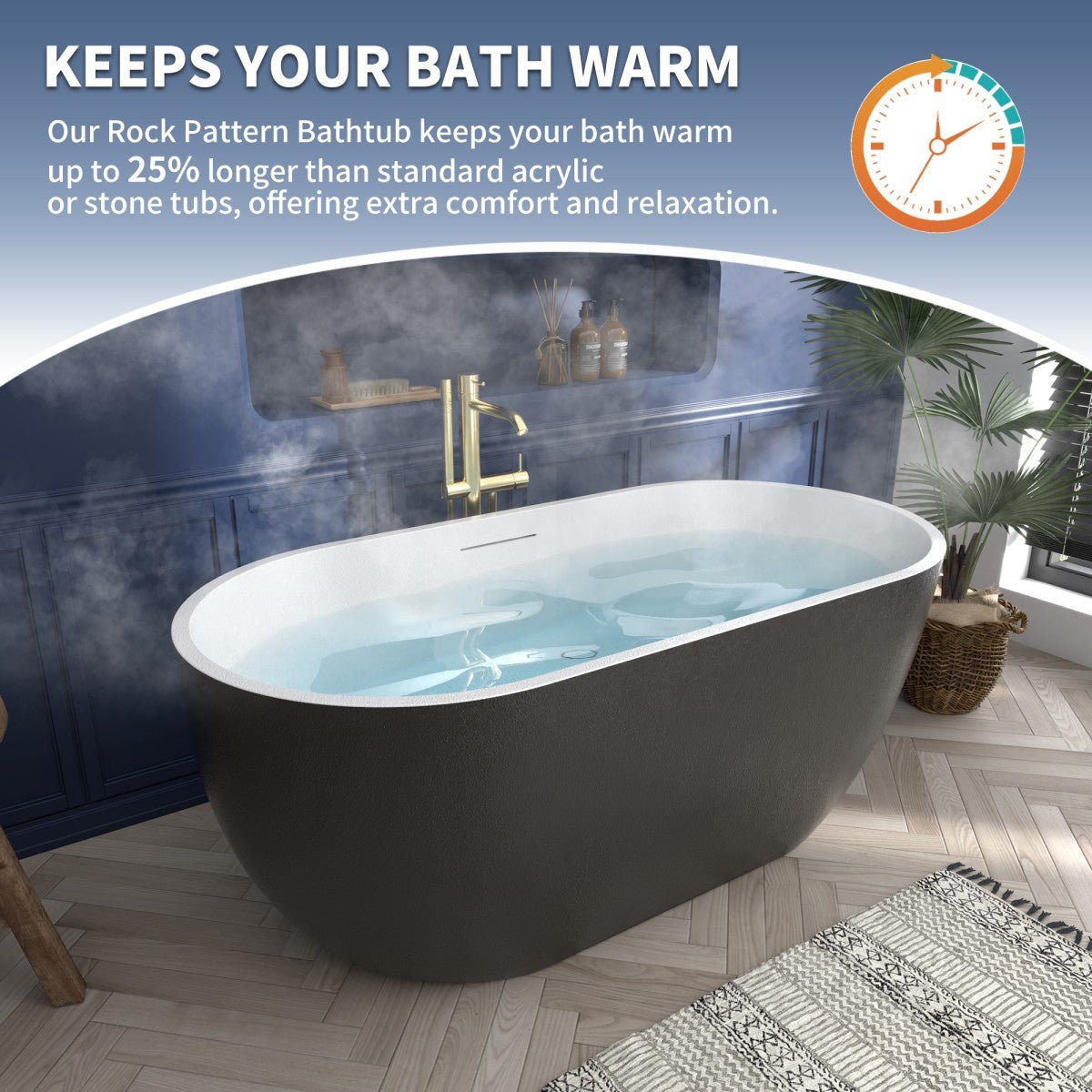 RockX 59" Rock Texture New Technologies Freestanding Bathtub,Black,Scratch - proof,Contemporary Soaking Tub,Large Overflow Port