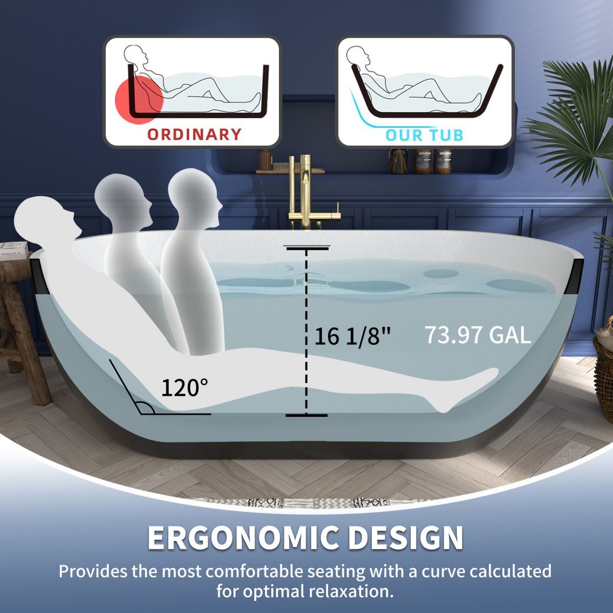 RockX 59" Rock Texture New Technologies Freestanding Bathtub,Black,Scratch - proof,Contemporary Soaking Tub,Large Overflow Port