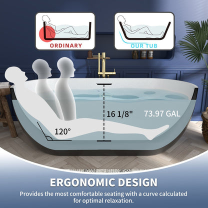 RockX 59" Rock Texture New Technologies Freestanding Bathtub,Black,Scratch - proof,Contemporary Soaking Tub,Large Overflow Port