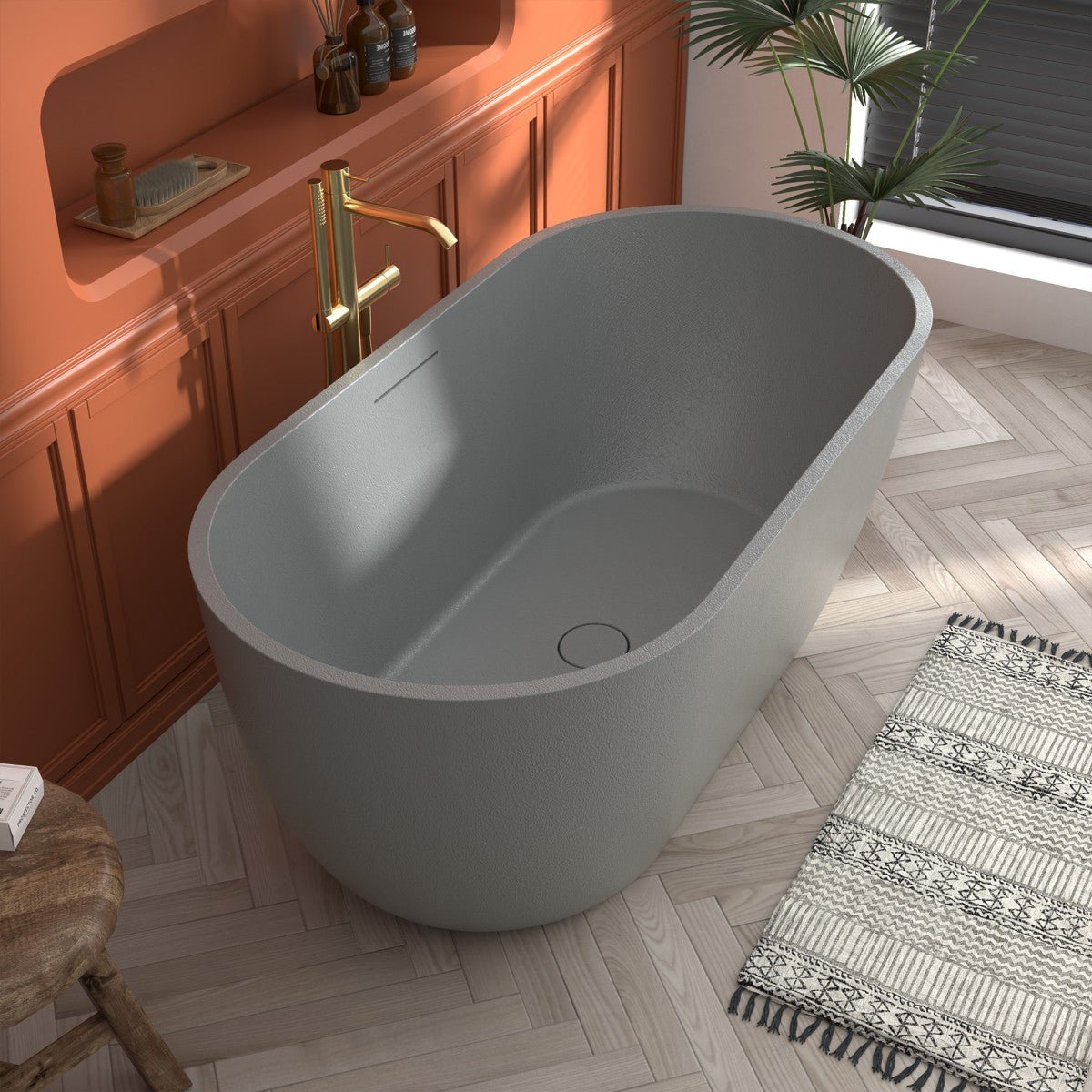 RockX 59" Rock Texture New Technologies Freestanding Bathtub,Cement grey,Scratch - proof,Contemporary Soaking Tub,Large Overflow Port