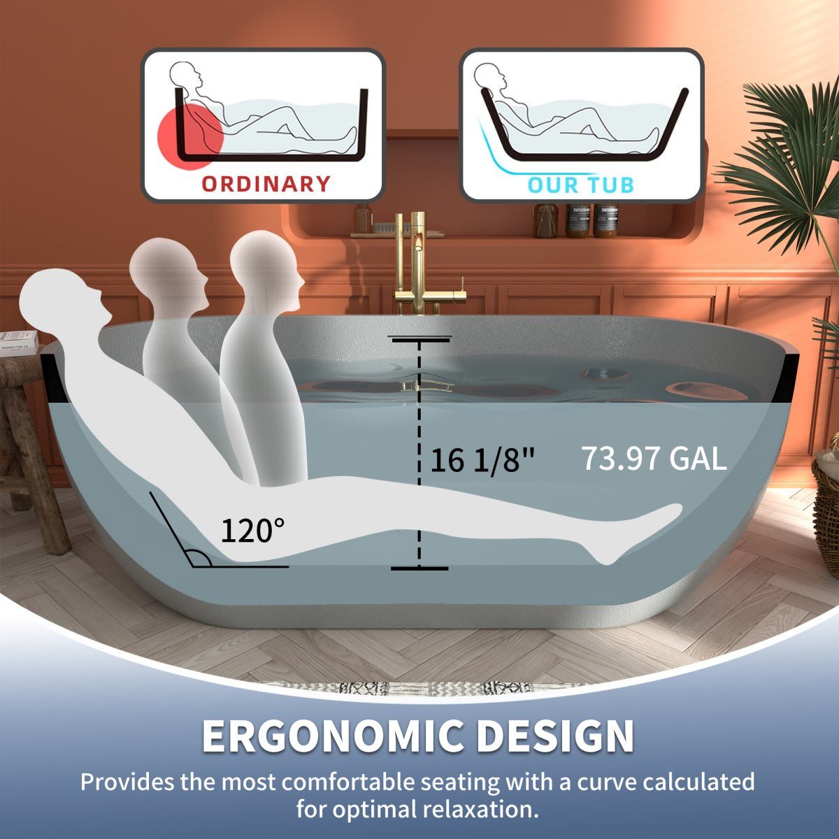 RockX 59" Rock Texture New Technologies Freestanding Bathtub,Cement grey,Scratch - proof,Contemporary Soaking Tub,Large Overflow Port