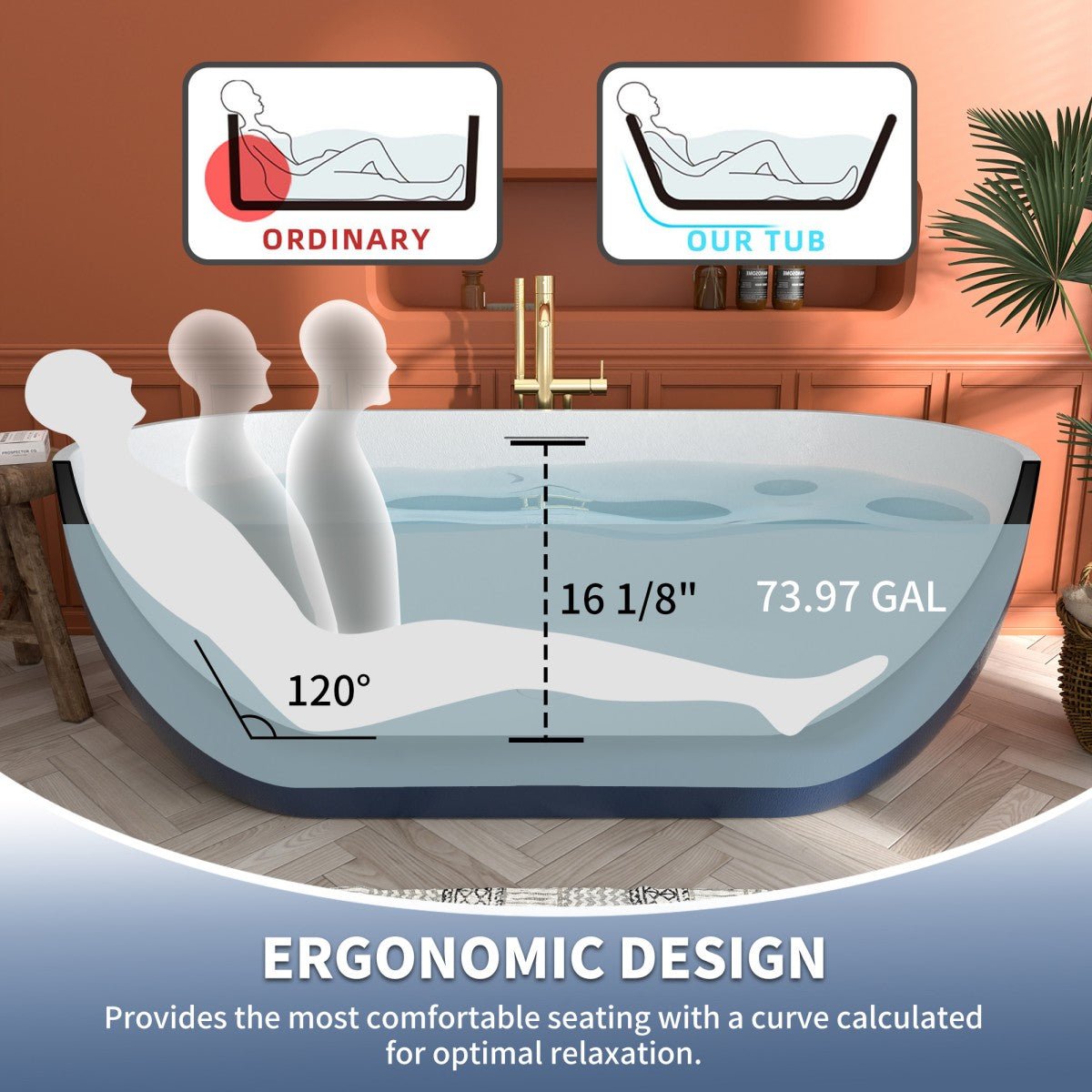 RockX 59" Rock Texture New Technologies Freestanding Bathtub,Prussian blue,Scratch - proof,Contemporary Soaking Tub,Large Overflow Port