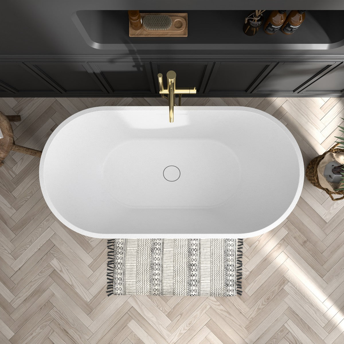 RockX 59" Rock Texture New Technologies Freestanding Bathtub,White,Scratch - proof,Contemporary Soaking Tub,Large Overflow Port