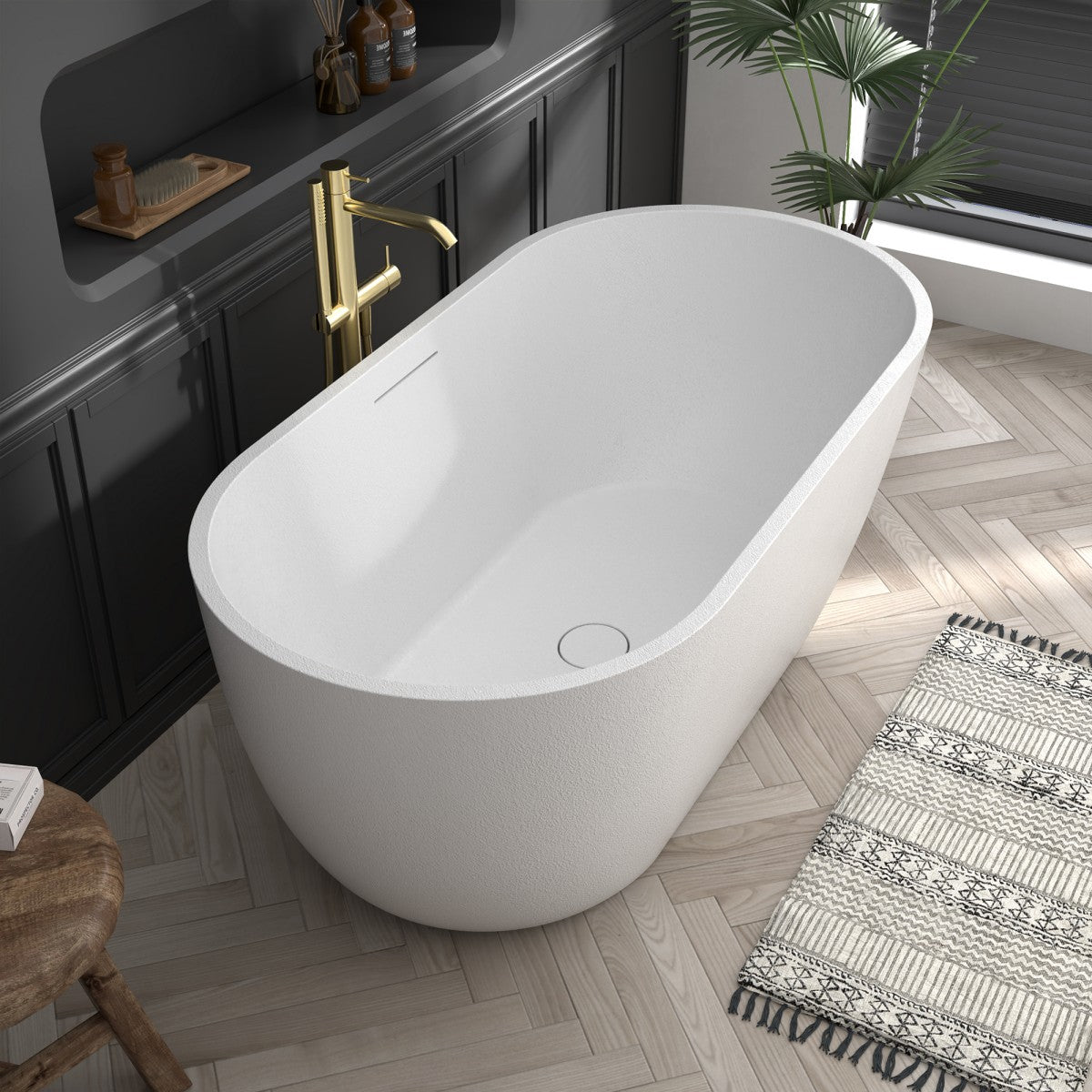 RockX 59" Rock Texture New Technologies Freestanding Bathtub,White,Scratch - proof,Contemporary Soaking Tub,Large Overflow Port