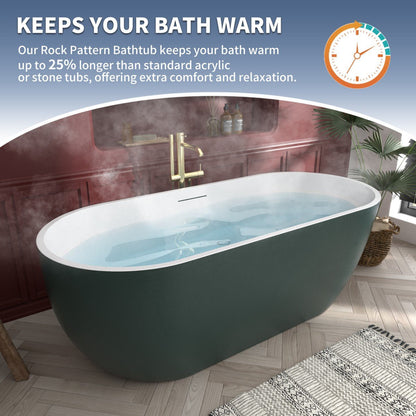 RockX 67" Rock Texture New Technologies Freestanding Bathtub,Avocado green,Scratch - proof,Contemporary Soaking Tub,Large Overflow Port