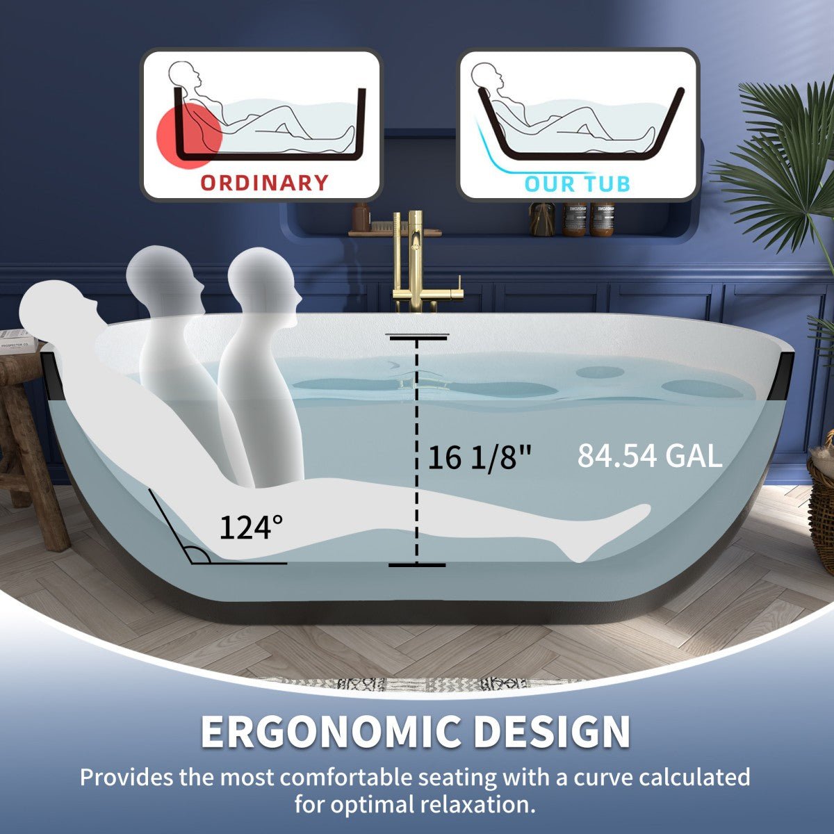 RockX 67" Rock Texture New Technologies Freestanding Bathtub,Black,Scratch - proof,Contemporary Soaking Tub,Large Overflow Port