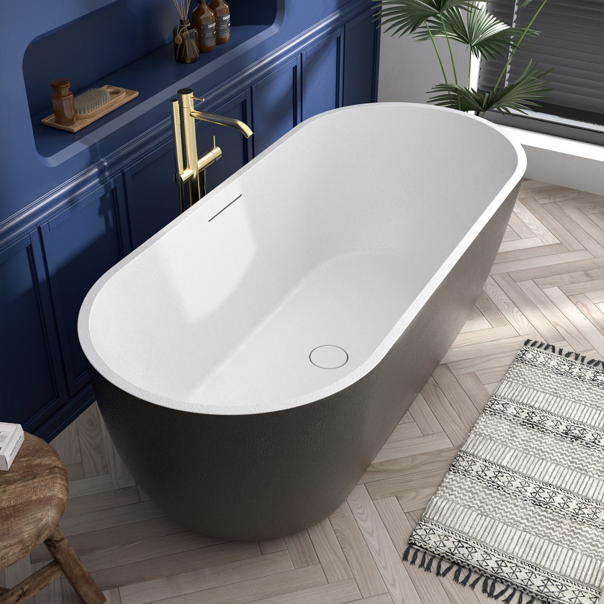 RockX 67" Rock Texture New Technologies Freestanding Bathtub,Black,Scratch - proof,Contemporary Soaking Tub,Large Overflow Port