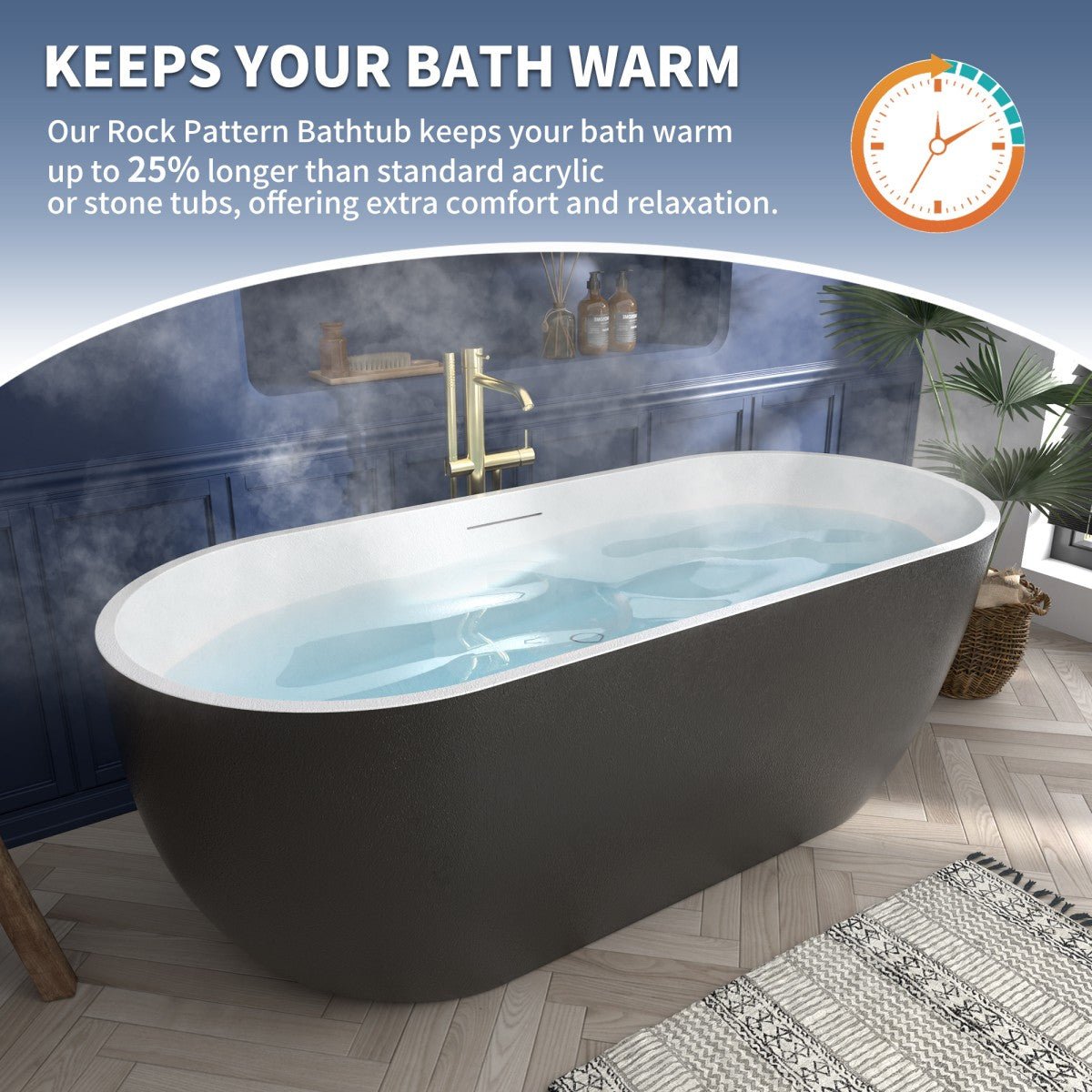 RockX 67" Rock Texture New Technologies Freestanding Bathtub,Black,Scratch - proof,Contemporary Soaking Tub,Large Overflow Port