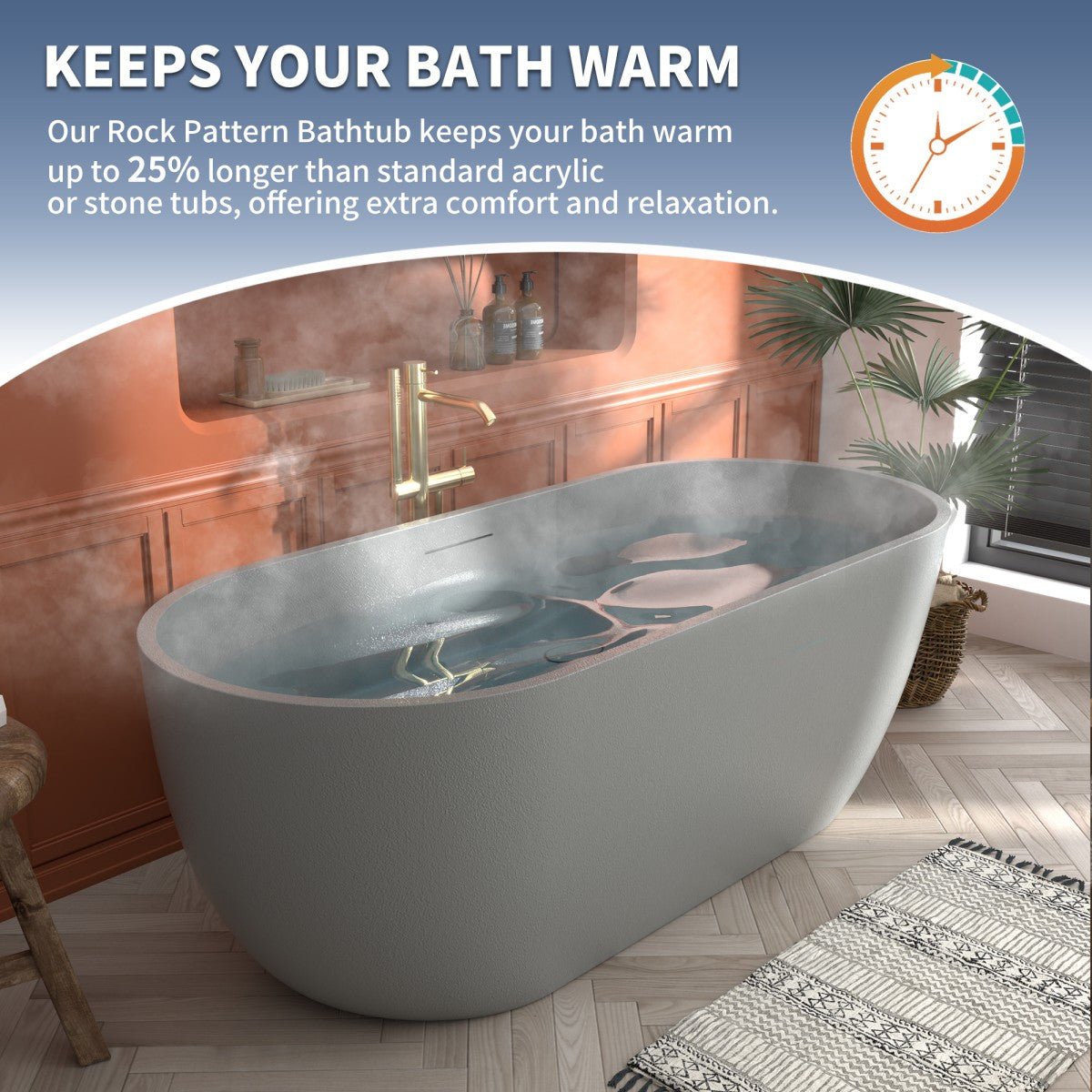 RockX 67" Rock Texture New Technologies Freestanding Bathtub,Cement grey,Scratch - proof,Contemporary Soaking Tub,Large Overflow Port