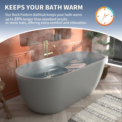 RockX 67" Rock Texture New Technologies Freestanding Bathtub,Cement grey,Scratch - proof,Contemporary Soaking Tub,Large Overflow Port