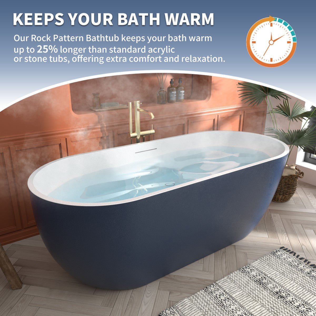 RockX 67" Rock Texture New Technologies Freestanding Bathtub,Prussian blue,Scratch - proof,Contemporary Soaking Tub,Large Overflow Port