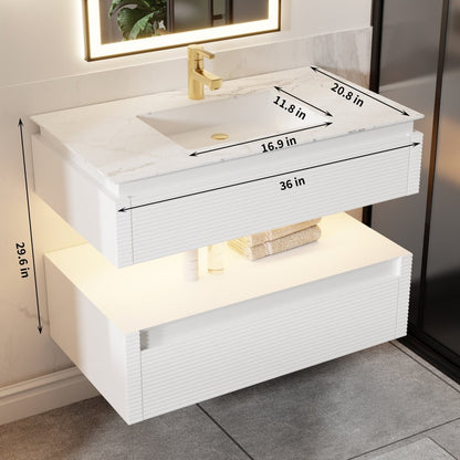 Segeo 36" Modern Solid Oak Floating Bathroom Vanity Cabinet White with Lights and Marble Countertop