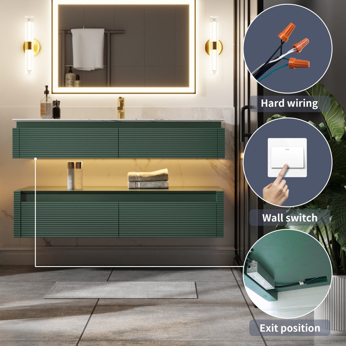 Segeo 48" Modern Solid Oak Floating Bathroom Vanity Cabinet Green with Lights and Marble Countertop