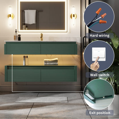 Segeo 48" Modern Solid Oak Floating Bathroom Vanity Cabinet Green with Lights and Marble Countertop