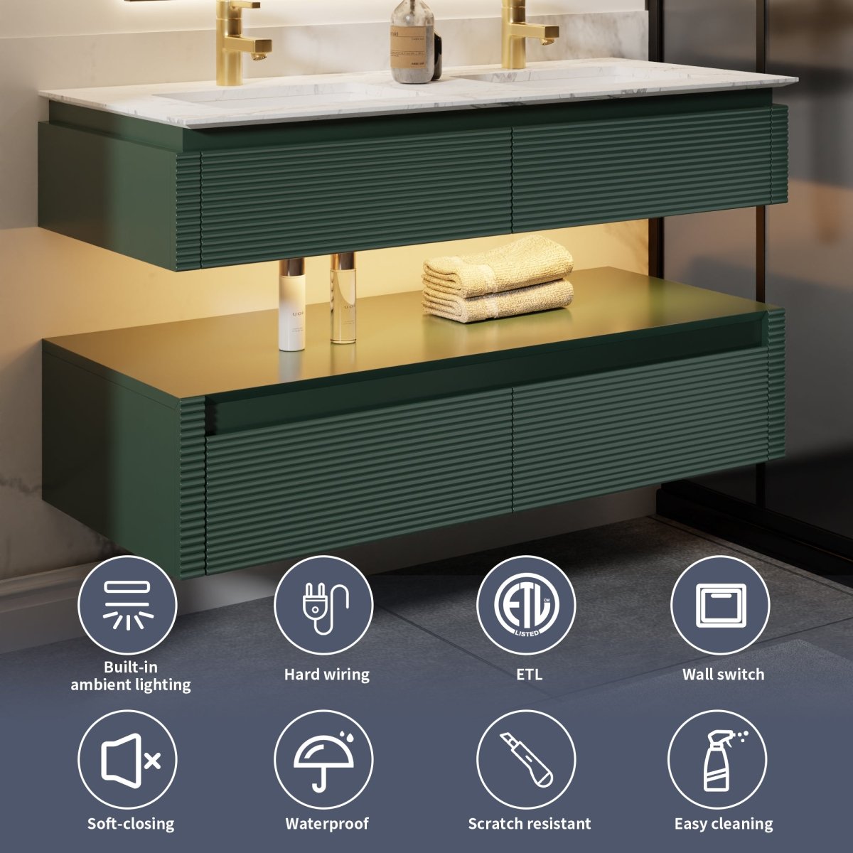 Segeo 48" Modern Solid Oak Floating Bathroom Vanity Cabinet Green with Lights and Marble Countertop, Dual Basins