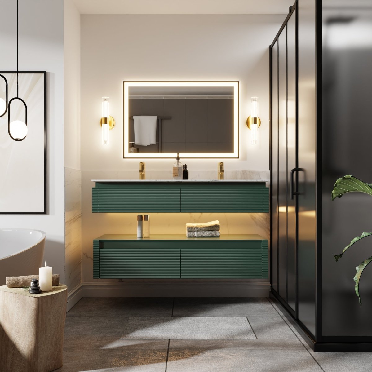 Segeo 48" Modern Solid Oak Floating Bathroom Vanity Cabinet Green with Lights and Marble Countertop, Dual Basins