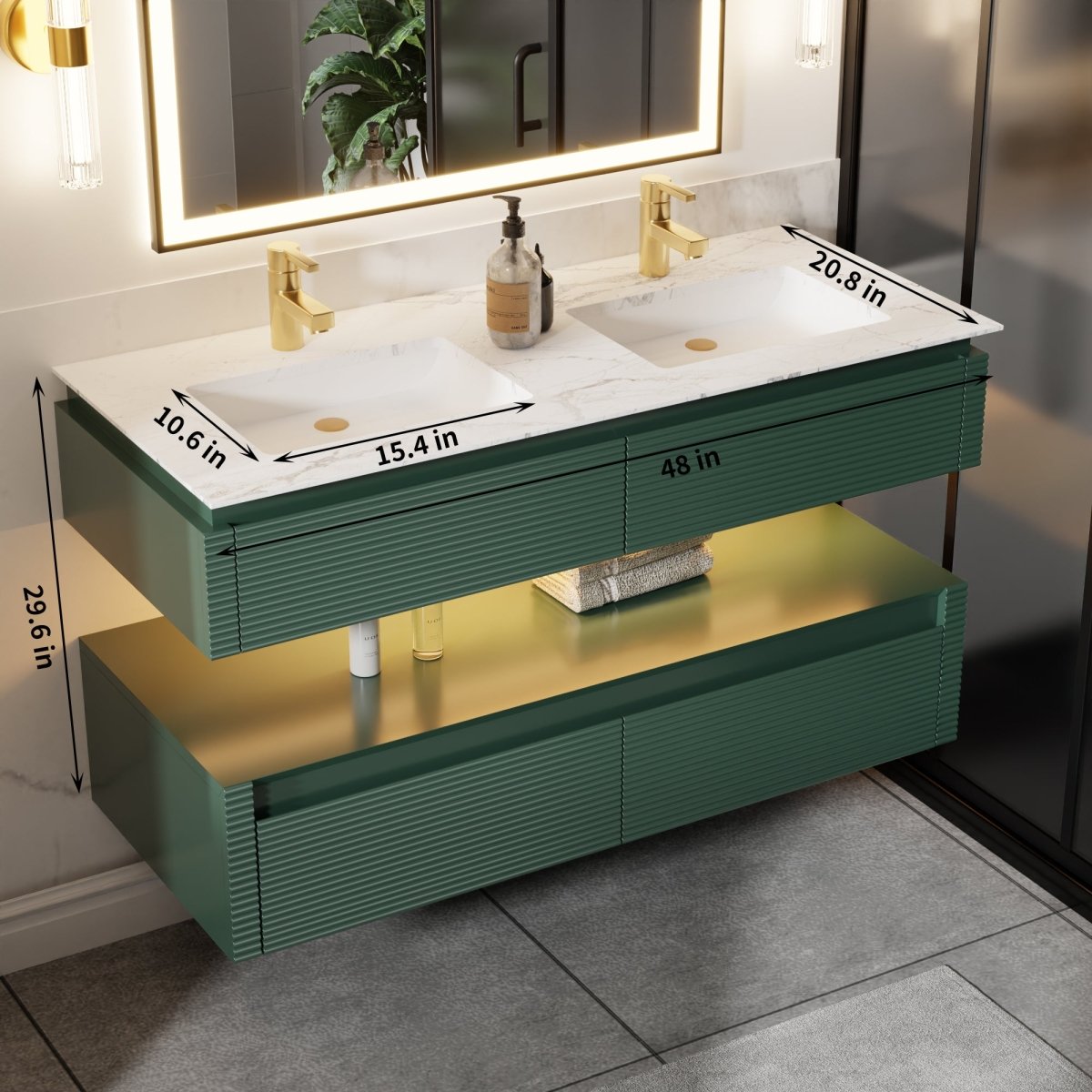 Segeo 48" Modern Solid Oak Floating Bathroom Vanity Cabinet Green with Lights and Marble Countertop, Dual Basins