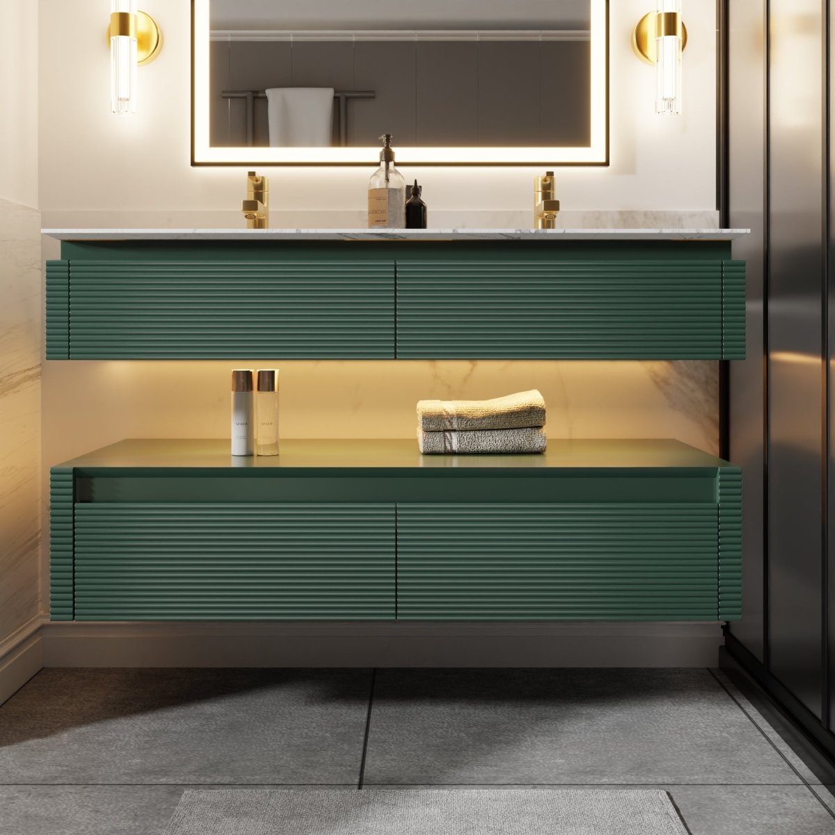 Segeo 48" Modern Solid Oak Floating Bathroom Vanity Cabinet Green with Lights and Marble Countertop, Dual Basins