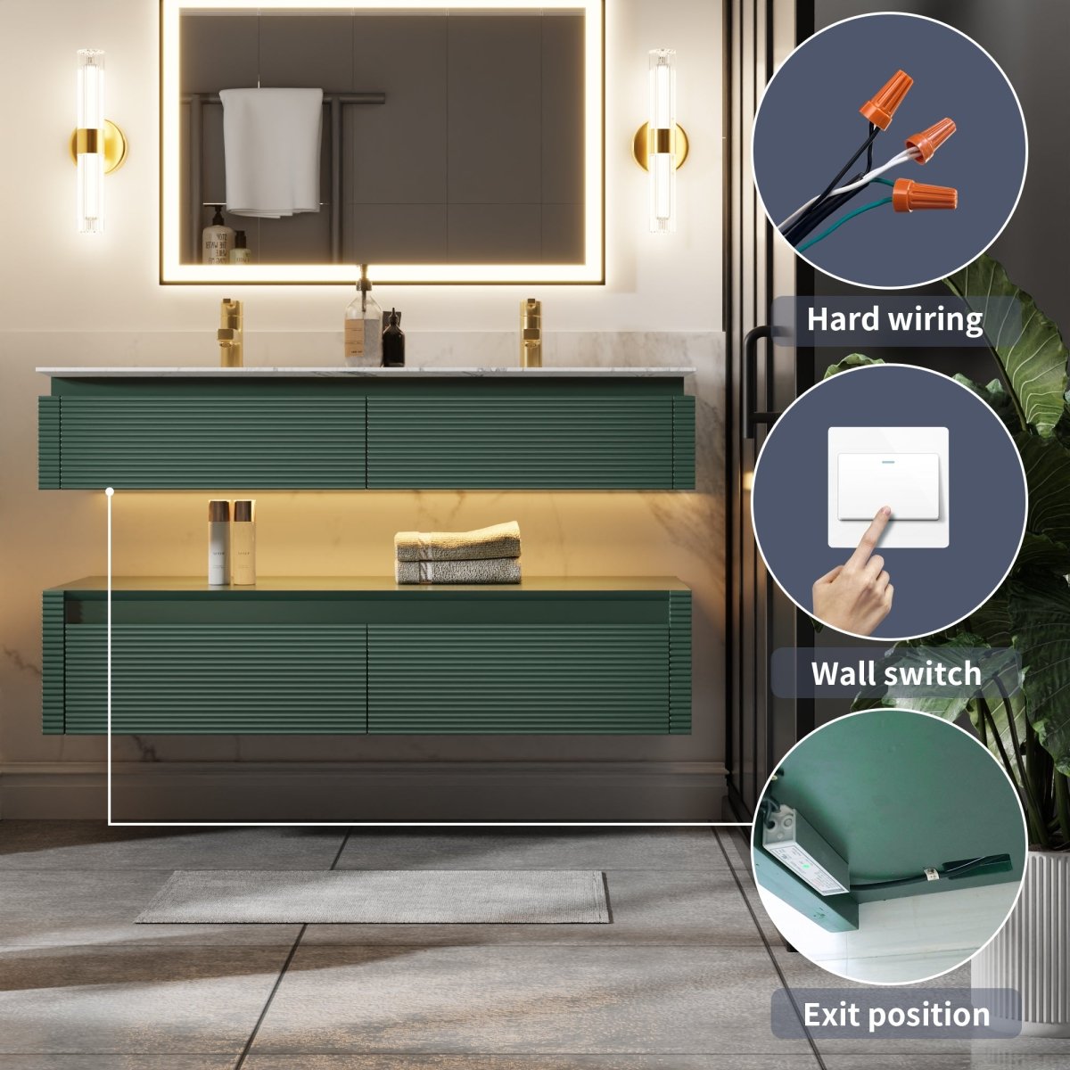 Segeo 48" Modern Solid Oak Floating Bathroom Vanity Cabinet Green with Lights and Marble Countertop, Dual Basins