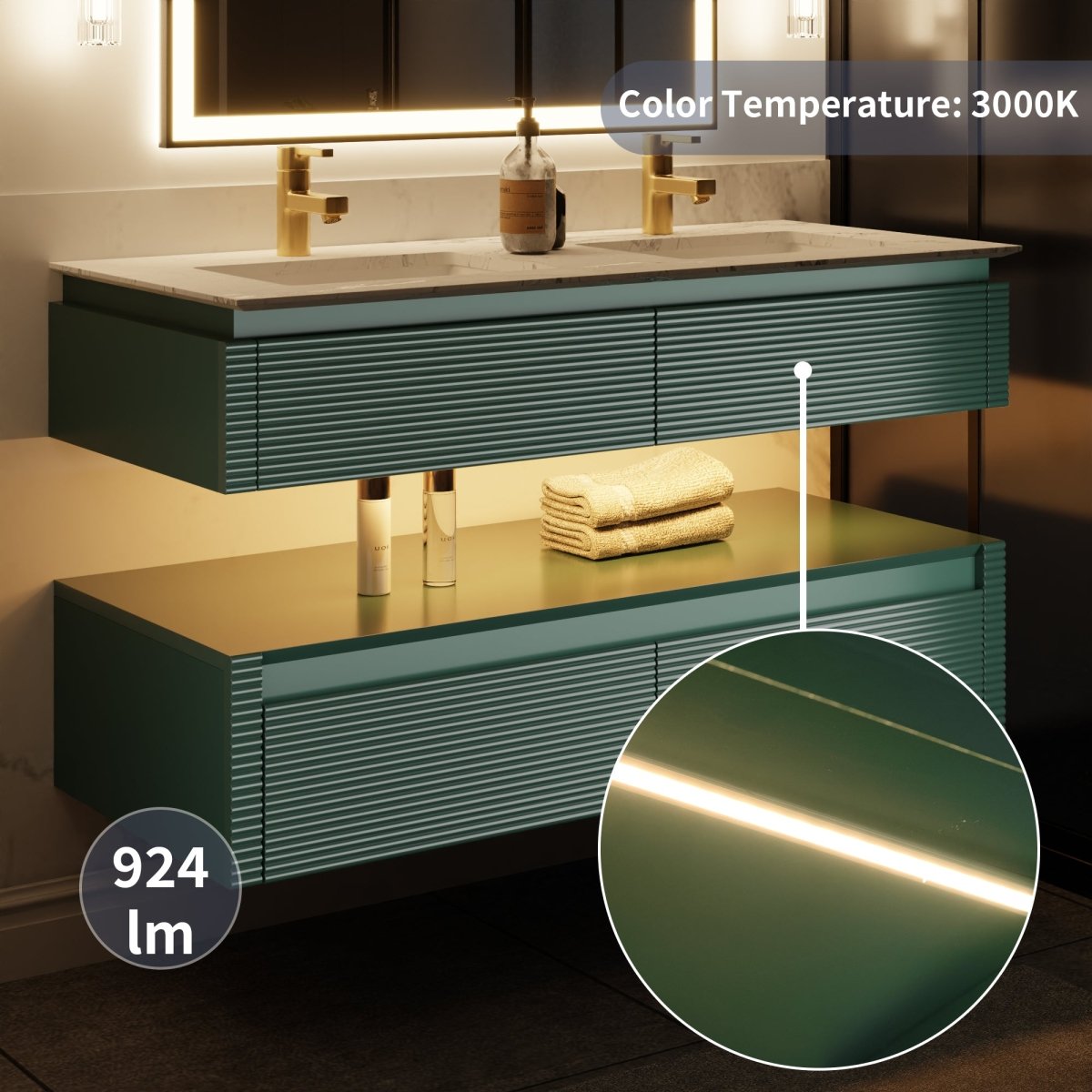 Segeo 48" Modern Solid Oak Floating Bathroom Vanity Cabinet Green with Lights and Marble Countertop, Dual Basins
