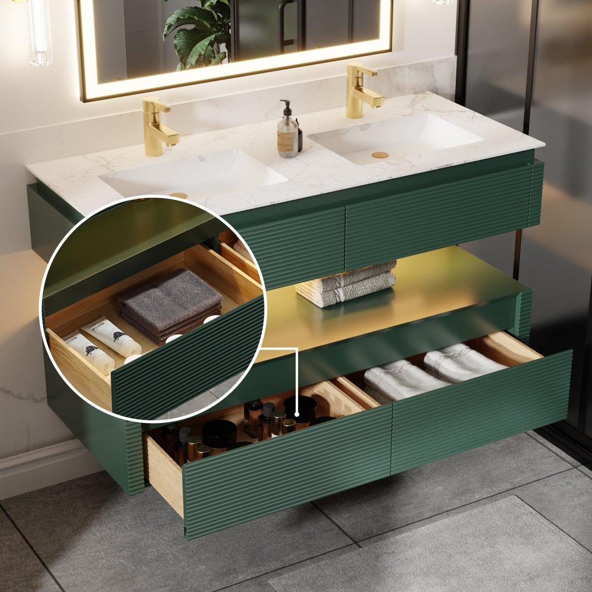 Segeo 48" Modern Solid Oak Floating Bathroom Vanity Cabinet Green with Lights and Marble Countertop, Dual Basins