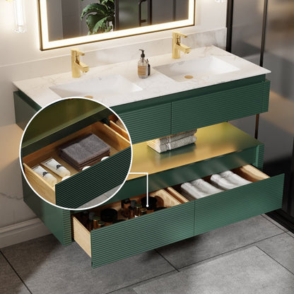 Segeo 48" Modern Solid Oak Floating Bathroom Vanity Cabinet Green with Lights and Marble Countertop, Dual Basins