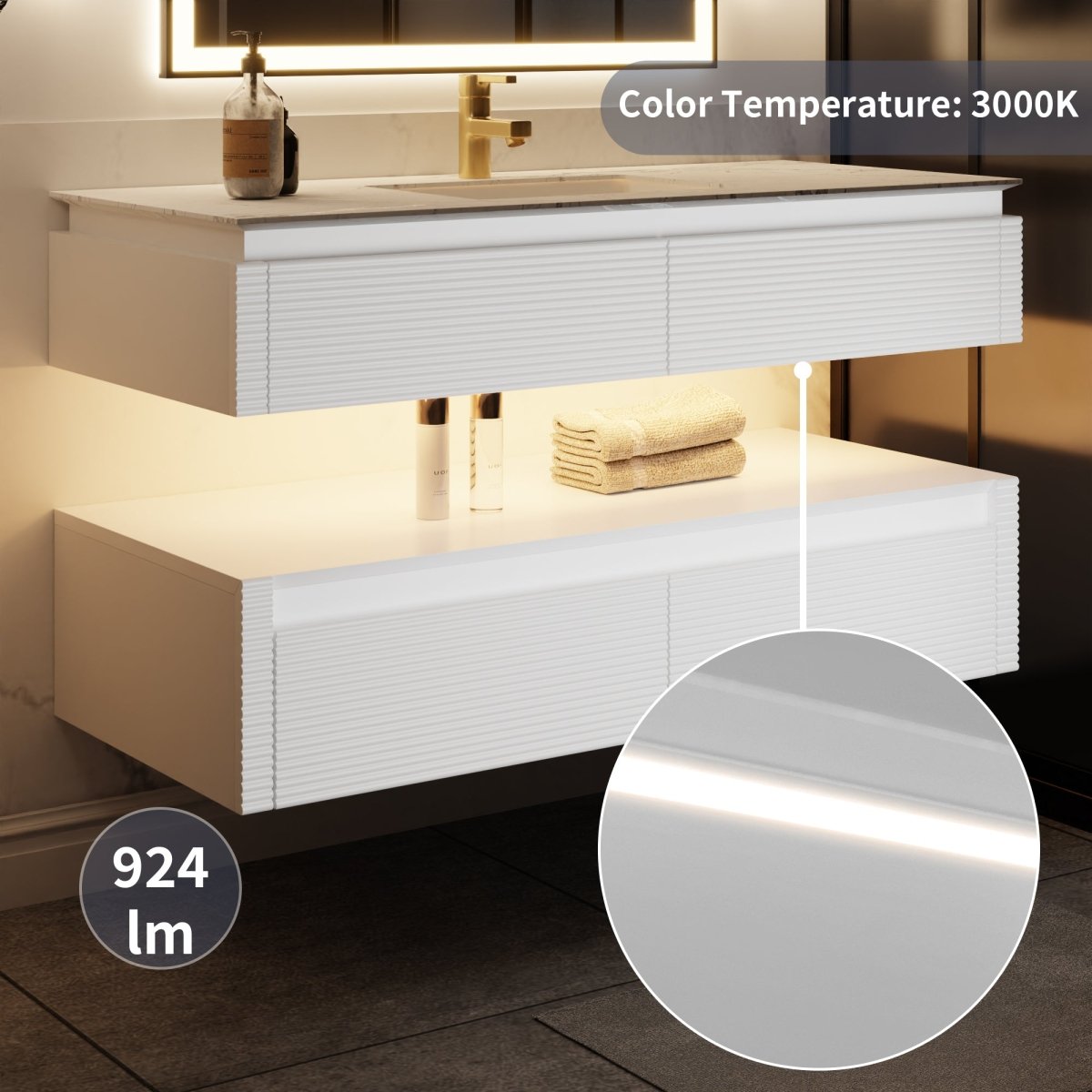 Segeo 48" Modern Solid Oak Floating Bathroom Vanity Cabinet White with Lights and Marble Countertop
